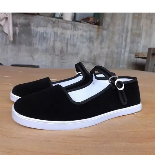 一折白塑料底一带布鞋_现做黑平绒男士方口一带布鞋复古一字扣平底