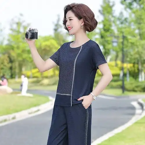 妈妈夏装洋气套装50岁中年休闲运动2021新款中老年中老年女装