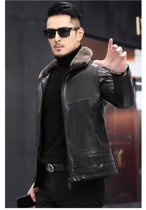 香港sz轻奢男装2021商务潮牌新款男士皮衣服貂翻领山羊皮夹克短款翻领