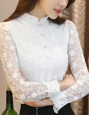 夏尔维纳气质内搭蕾丝打底衫长袖2018初春新款白色镂空百搭立领洋气女