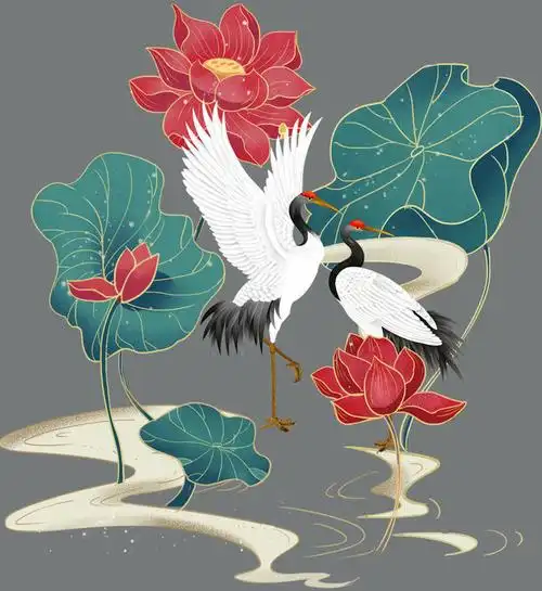 国潮荷花中国风元素图片,主题为中国风元素,可用作国潮,仙鹤,国潮荷花