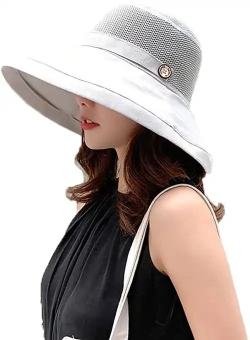 女式网眼太阳帽宽帽檐夏季沙滩桶帽女孩户外防紫外线 upf 可折叠钓鱼