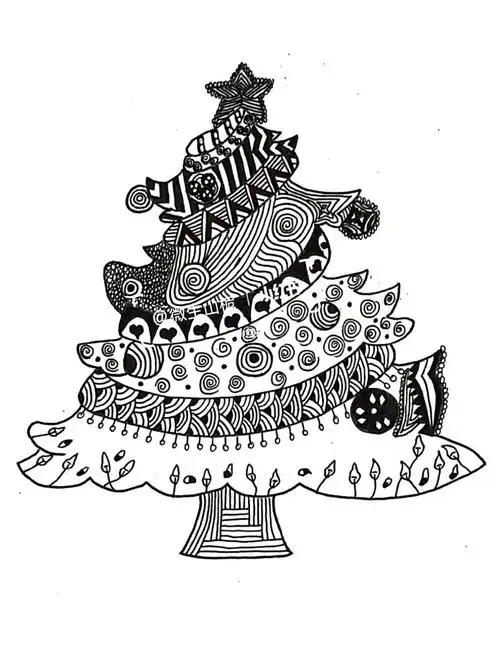 黑白线描装饰画圣诞主题圣诞树附步骤