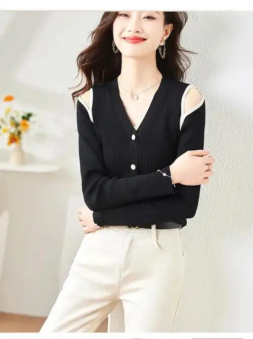 春秋款黑色修身针织衫小开衫女毛衣外套春季短款毛线外搭女士上衣