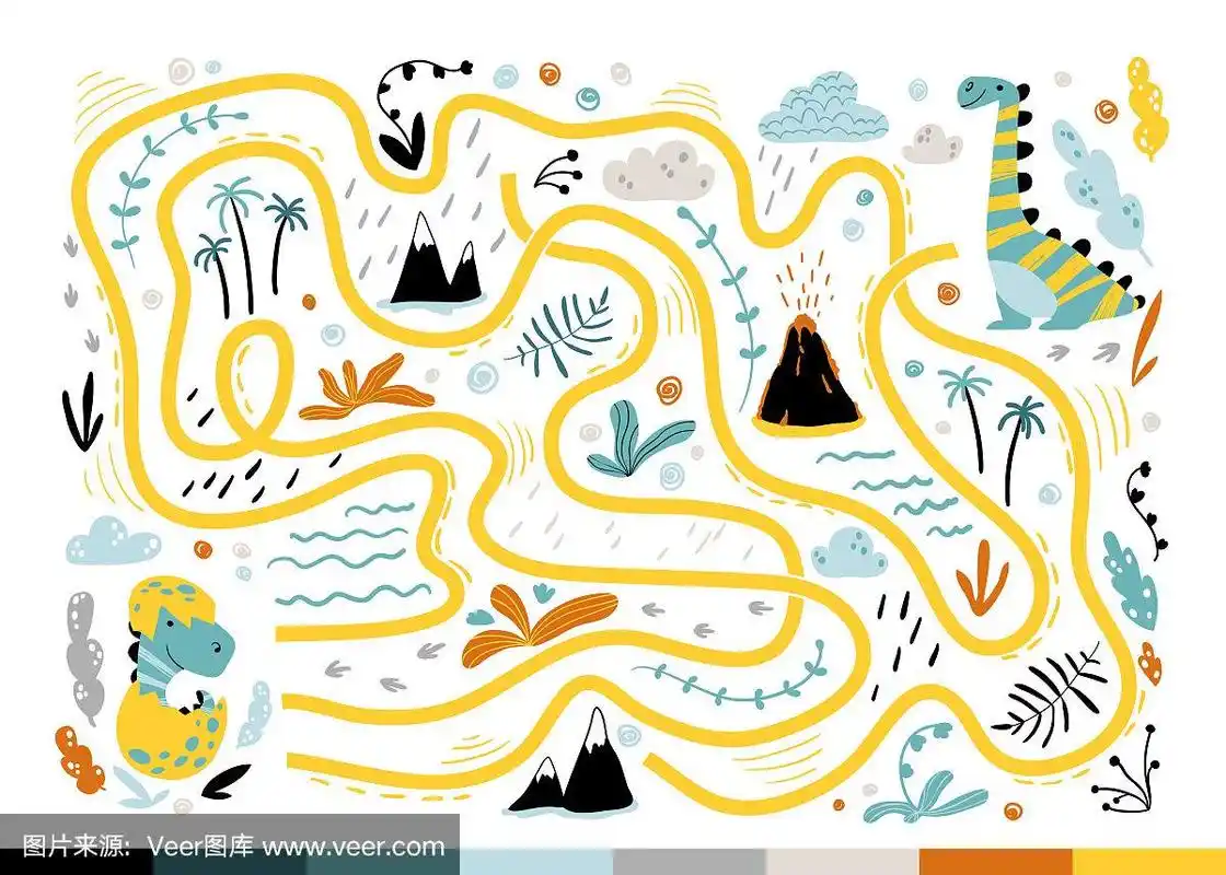 恐龙迷宫.酷儿童发展小游戏.彩色插图在一个简单的卡通风格.