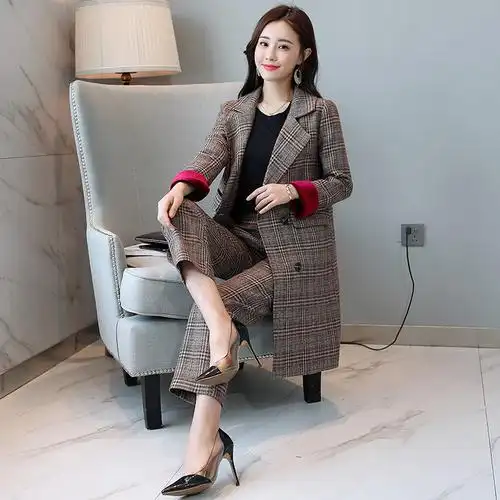 格子套装女女士秋季新品修身时尚大气显瘦高雅气质两件套长裤子潮