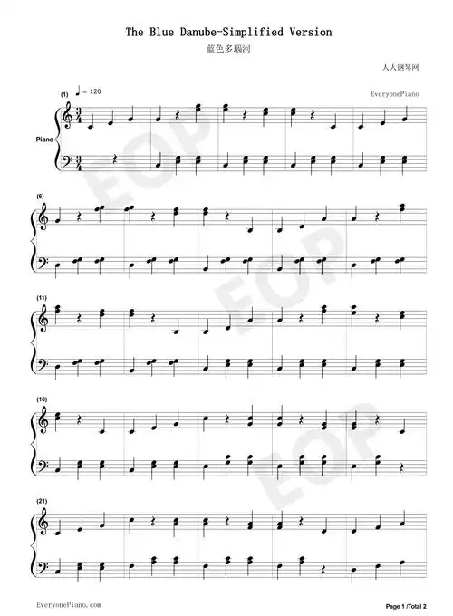 蓝色多瑙河简单版五线谱预览1-钢琴谱文件(五线谱,双手简谱,数字谱