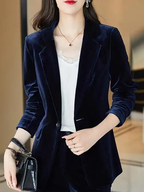 蓝色金丝绒西装套装女春秋加厚气质女神范高端职业总裁西服外套