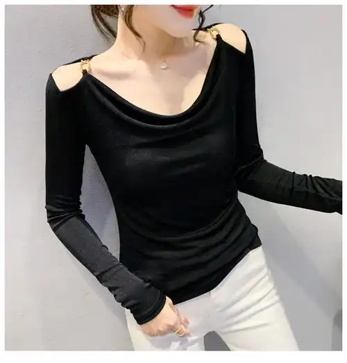 露肩上衣女修身小个子春款漏肩膀t恤镂空打底衫女春秋新款性感锁骨