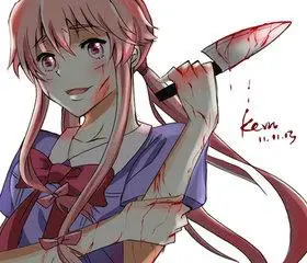 一个动漫小女孩拿着一把匕首,脸上留着血迹,还在笑的图片.