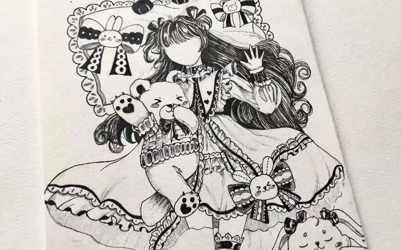 针管笔黑白画动漫少女