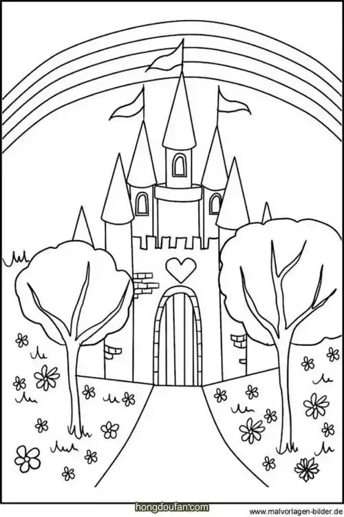 10张雄伟漂亮的公主的城堡卡通涂色简笔画-红豆饭小学生简笔画大全