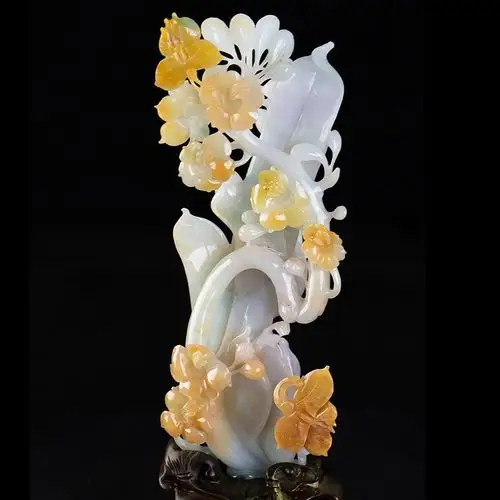 杨树明大师工作室作品天然缅甸a货翡翠黄翡巧雕兰花摆件0.29kg