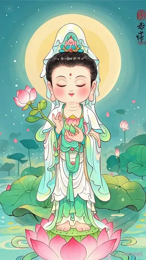 提示词# 提示词:可爱的q版观音,手持莲花莲花池中,荷叶摇曳