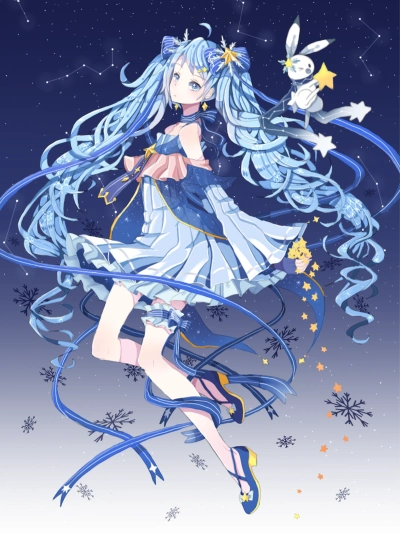 标题:星降る冬の夜】初音未来,冬夜未来,星夜未来,p站,少女,星空,蓝色