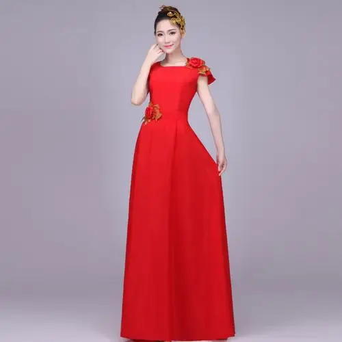 大合唱演出服长裙乐团指挥服礼服纯色雪纺合唱团舞台服装女款 l 红色