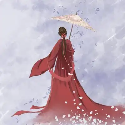 背影素材古风少女手绘复古中国风国潮古装汉服打伞美女侍女png素材