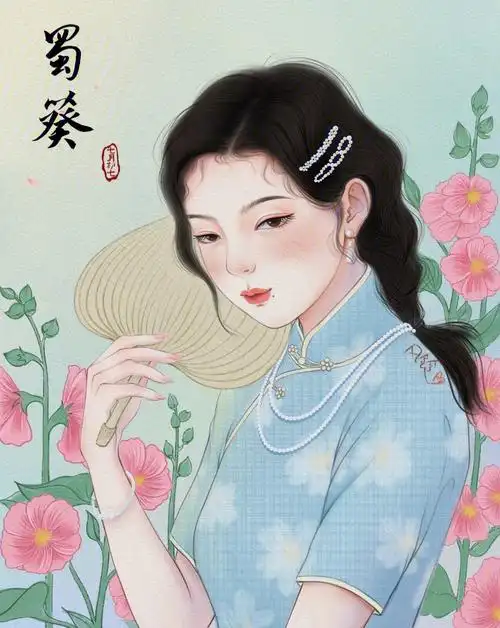 手绘民国旗袍女孩十二花神之蜀葵