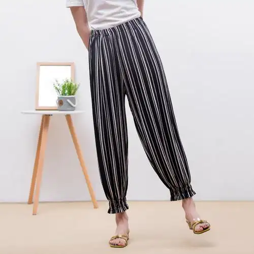 欧美爆款绵绸中腰灯笼裤 夏季防蚊美人条九分束脚休闲裤女 沙滩裤