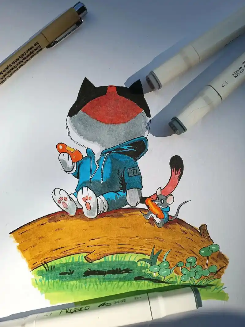 马克笔手绘.原图来自(雨田三石)雨田三石老师手下画的小动物 - 抖音