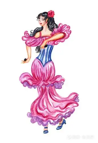 西班牙舞蹈家, 水彩绘画在白色背景, 隔绝