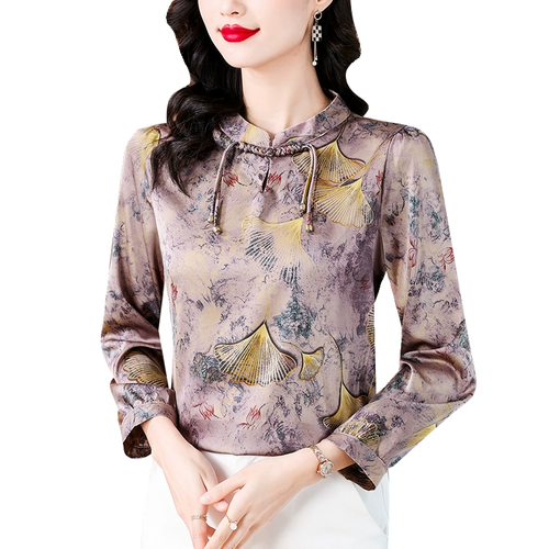 t恤秋装新款中老年真丝上衣时尚高贵小衫洋气妈妈印花桑蚕丝长袖