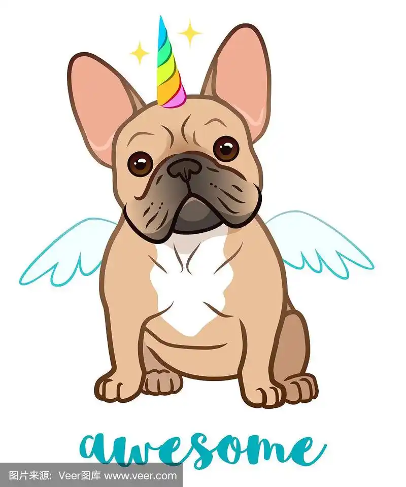 独角兽法国斗牛犬与彩虹角和翅膀矢量卡通插图.