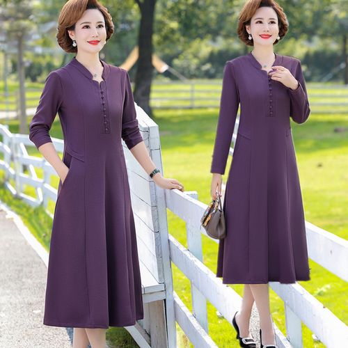 中老年女装春秋长袖连衣裙40岁50妈妈过膝长裙时尚阔太太纯色裙子