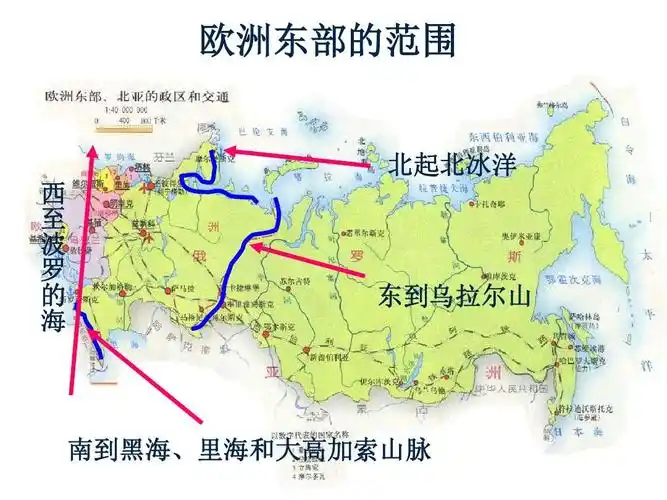 欧洲东部的范围 北起北冰洋 西 至 波 罗 的 海 东到乌拉尔山 南到