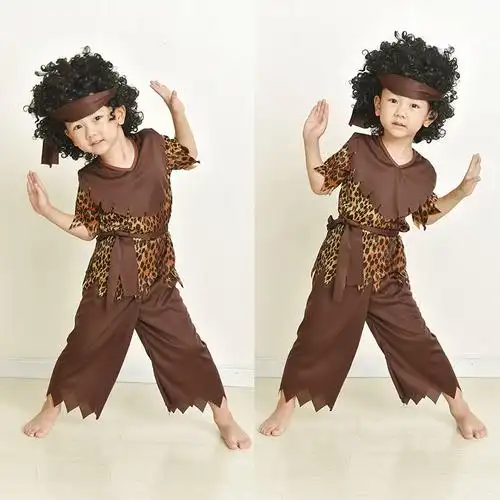 儿童野人演出服非洲分体款野人衣服舞蹈豹纹装猎人印第安表演服装