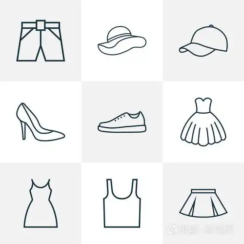 服装图标线条风格设置与裙子, 运动鞋, 内衣和其他服装元素.