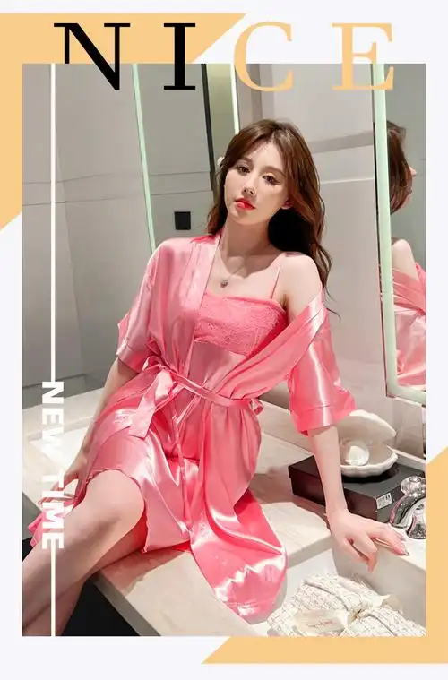 性感睡衣女春秋冰丝吊带两件套纯色花睡袍睡裙ins网红高级家居服 - 17