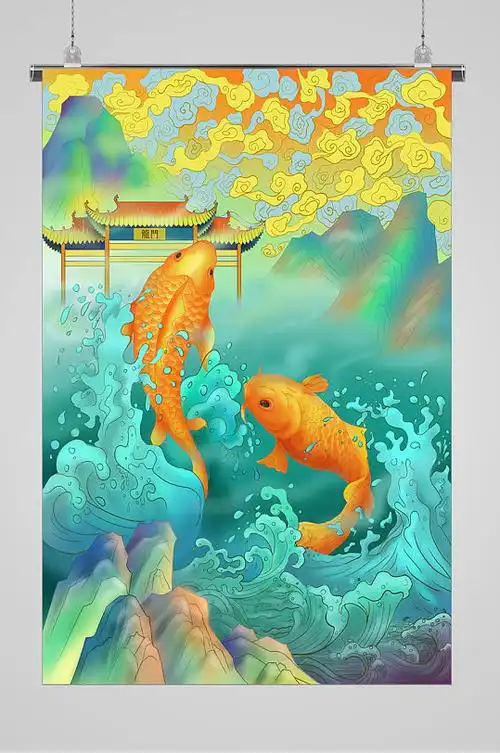 鲤鱼跃龙门神话故事人物插画