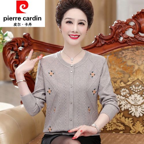 皮尔卡丹品牌女装中老年人春秋外套女薄款妈妈秋装短款毛衣针织开衫