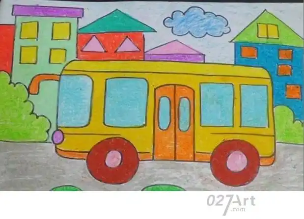 公交车来了交通工具儿童画教师范画 — 儿童蜡笔画图片大全