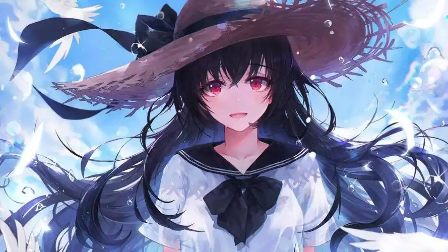 女孩子 水手服 学校丝带草帽 蓝天 美少女 4k动漫壁纸