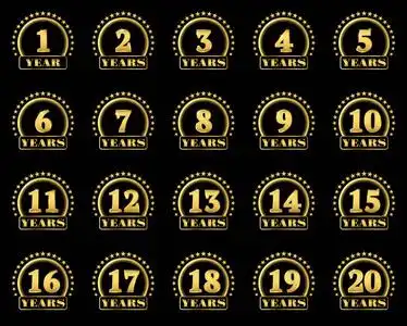 一组黄金数字从1到20和一年的字装饰的一圈星星.矢量插图照片