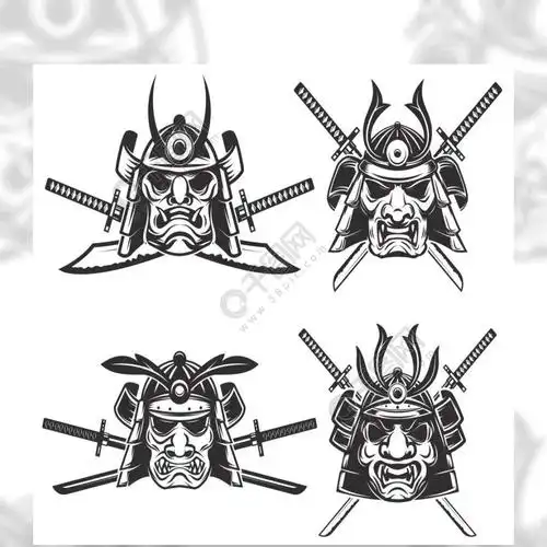 武士面具与白色背景上孤立的交叉剑的集标志,标签,标志,标志,商标的