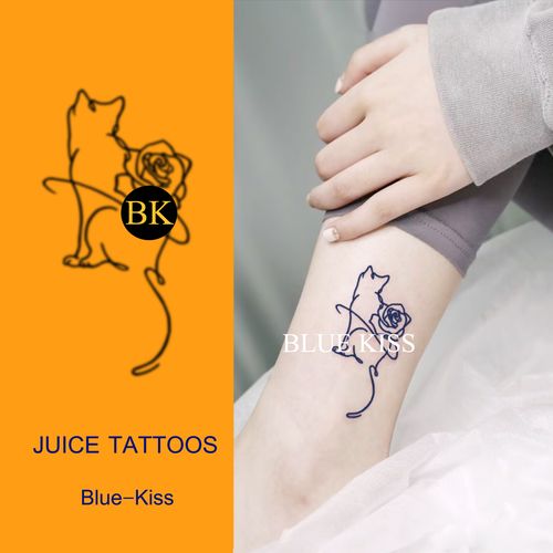 bluekiss蓝吻 手绘玫瑰猫纹身贴简约线条果汁半永久脚踝可爱刺青