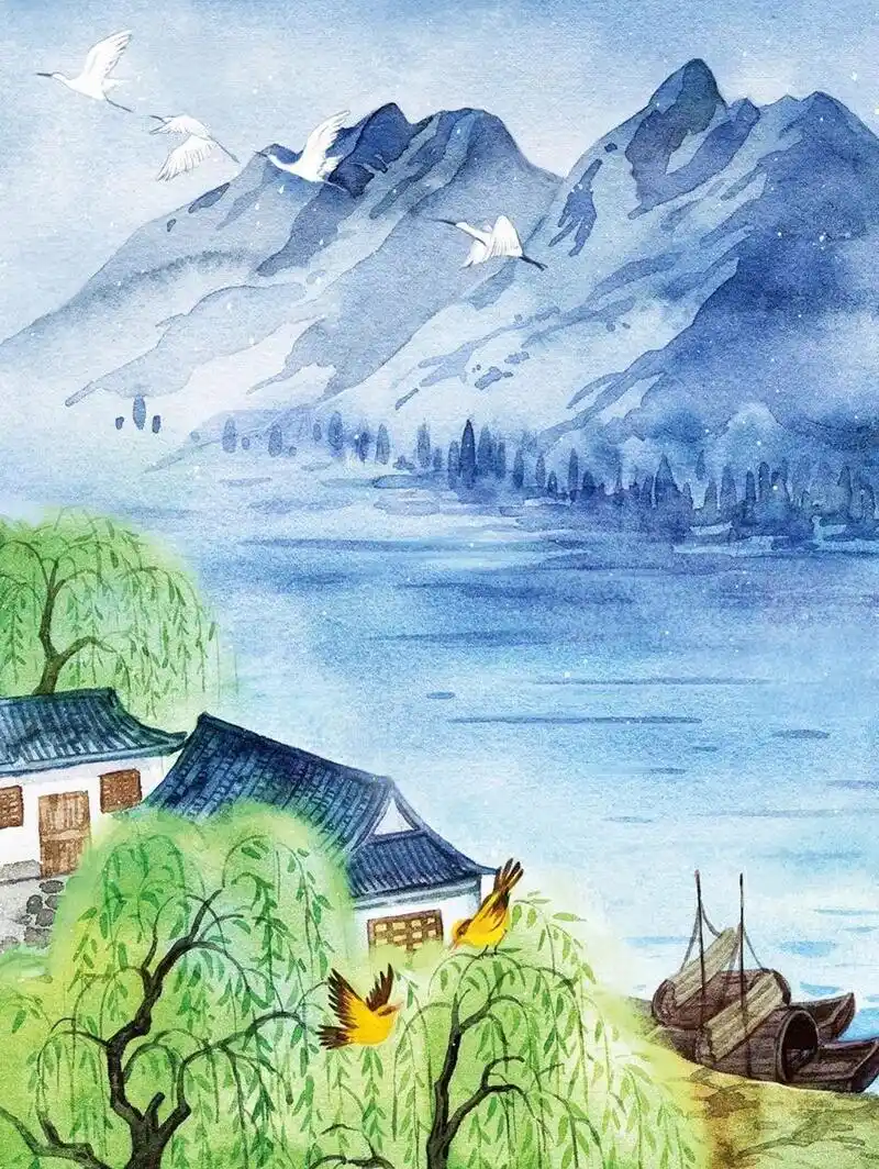 【两个黄鹂鸣翠柳】水彩手绘古诗词 《绝句》 (唐)杜甫 两个黄鹂鸣翠