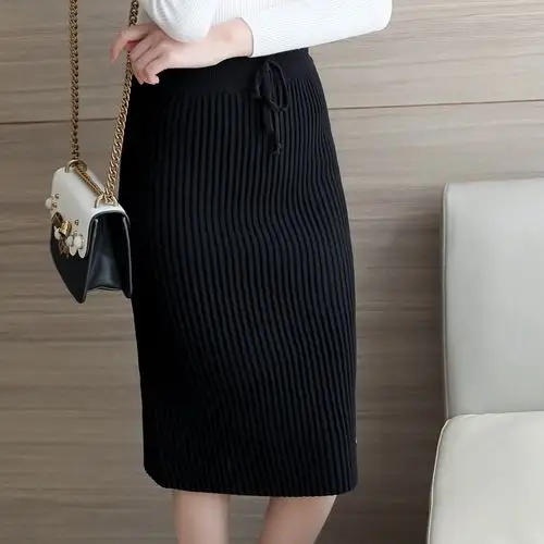 女装包臀中裙系带收腰半身裙纯色甜美气质百搭百褶裙修身针织裙