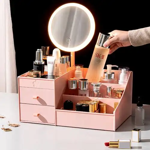 化妆品收纳盒带镜子家用大容量桌面梳妆台置物架宿舍桌面收纳盒