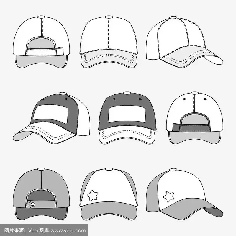 棒球帽正面,背面和侧视图轮廓