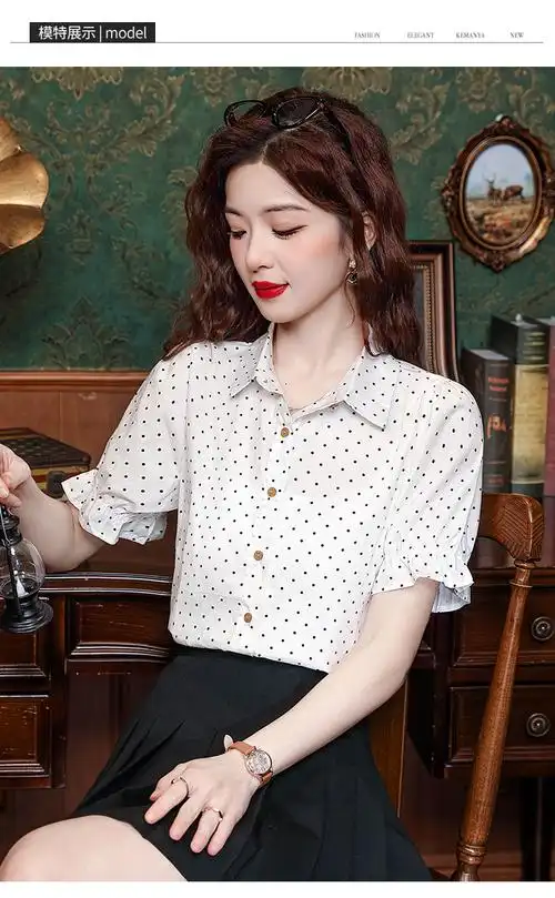 2024年春季新款女装今年流行爆款上衣气质白色polo领波点短袖衬衫