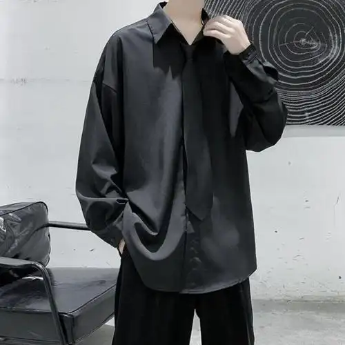 春夏季新款黑色衬衫男禁欲系宽松潮流冷淡衬衣港风男士长袖痞帅衫