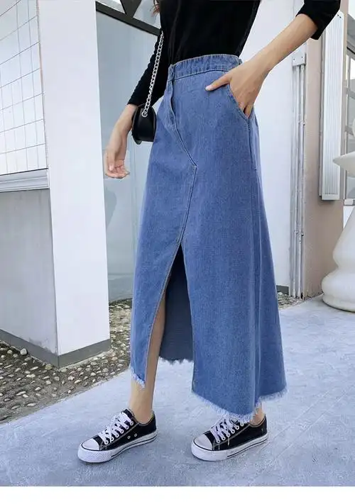 2020春季新款时尚百搭高腰开衩长款半身裙女深蓝色牛仔裙