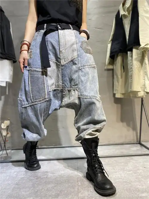 复古撞色拼布牛仔垮裤女欧洲站韩版遮肉吊裆2021牛仔裤