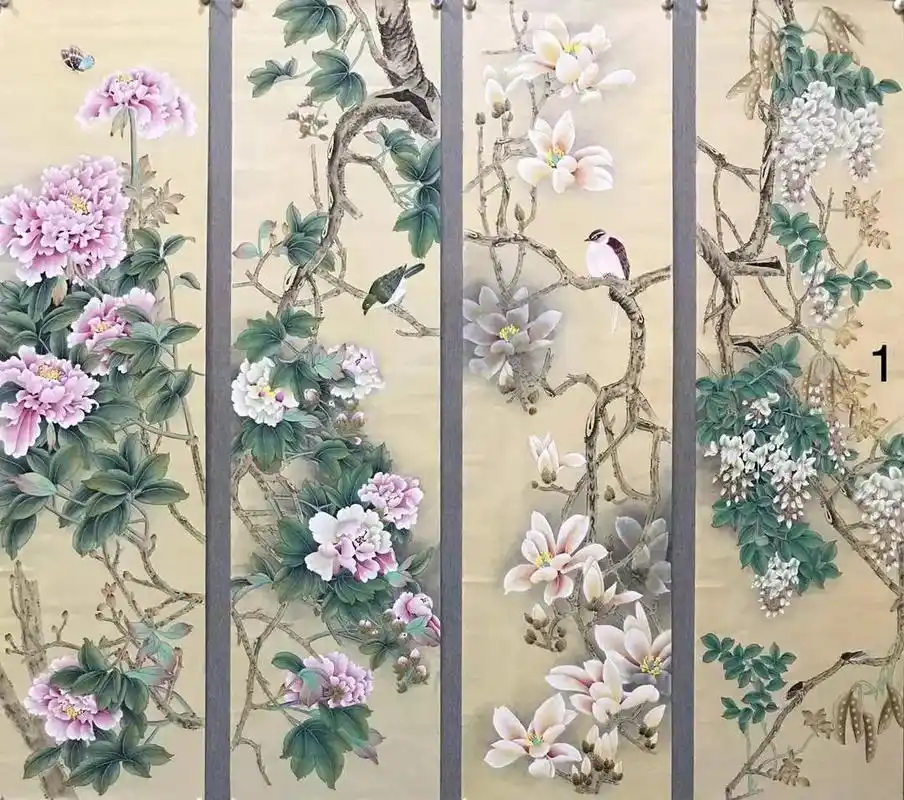 工笔花鸟四条屏#国画也抖音 #国色天香牡丹花 #国风 - 抖音