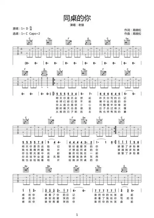 吉他谱入门弹唱同桌的你