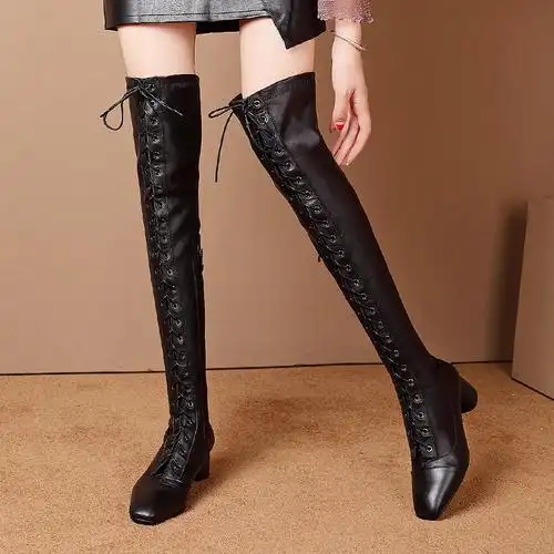 长靴女过膝显瘦弹力靴子真皮2021新款粗跟中跟加绒百搭高筒时尚鞋